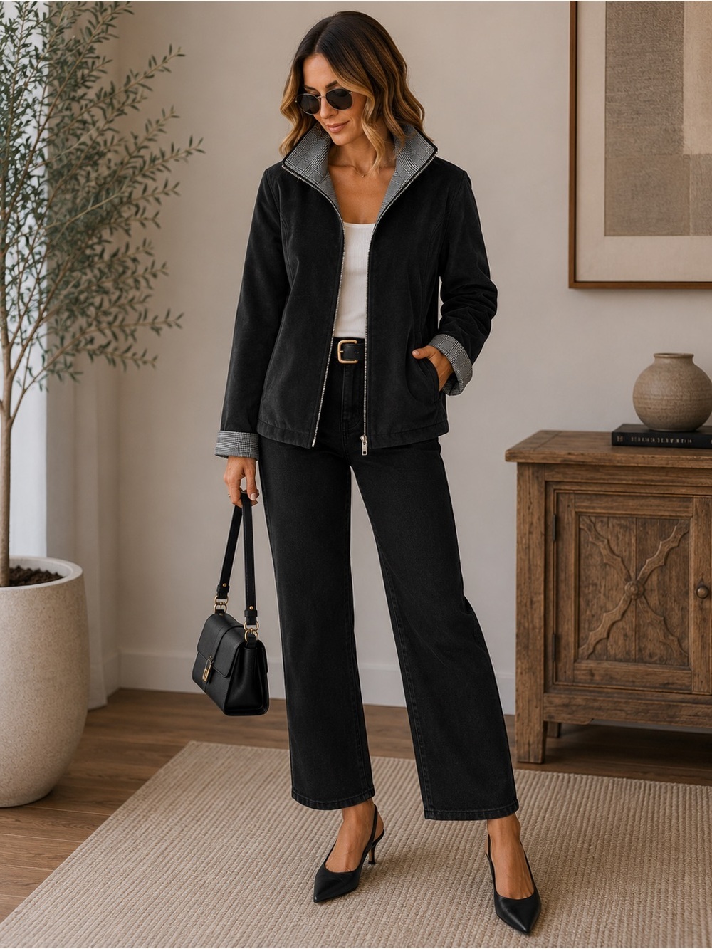 Black Suede Look Full Zip Jacket Glen Plaid Interior Neutral Minimalist 10 Large